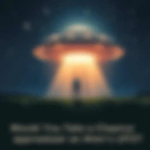 A person standing on a grassy field looking at a glowing UFO in the night sky with bright stars around. The UFO has a unique shape and emits light, suggesting an invitation to board.