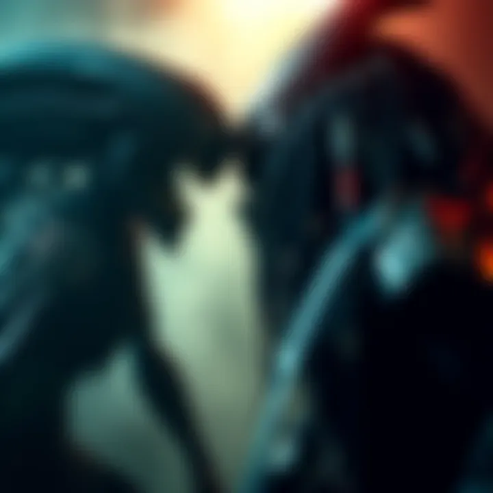 Alien and Predator Characters A scene featuring the Alien and Predator characters facing each other in a dark, eerie setting, highlighting their intense rivalry and the clash of horror and action genres.