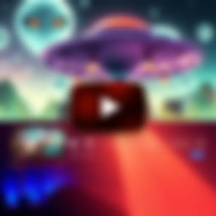 A visual representing a unique YouTube channel focused on alien content, featuring colorful graphics with UFOs and extraterrestrial symbols, showcasing engaging video clips and audio waves in the background.