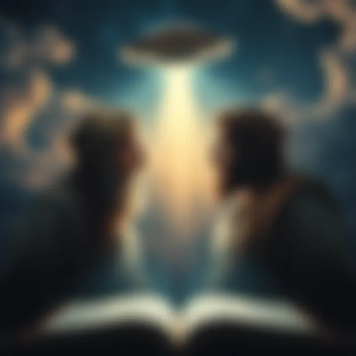 A depiction of ancient biblical figures like Noah and Jesus with a UFO in the sky, symbolizing the connection between biblical miracles and extraterrestrial beings.