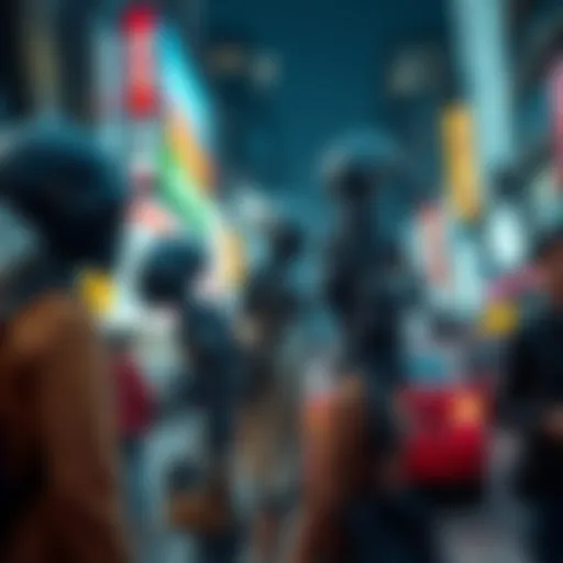 A scene depicting aliens disguised as ordinary people, blending in at a busy city street while observing their surroundings.