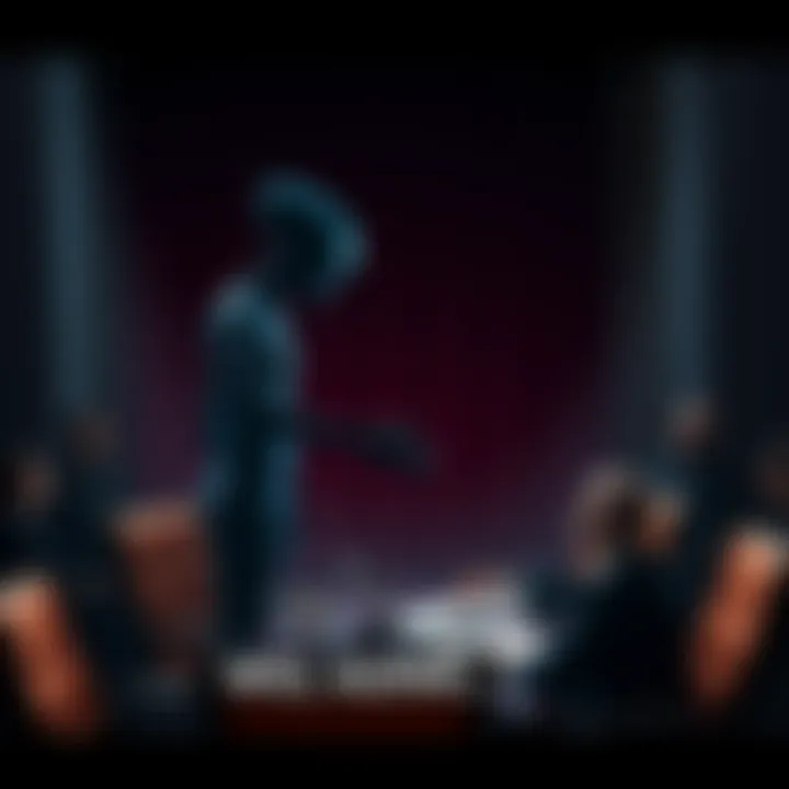 A shadowy figure representing an alien in a dark room shaking hands with a government official, emphasizing secrecy and mistrust.
