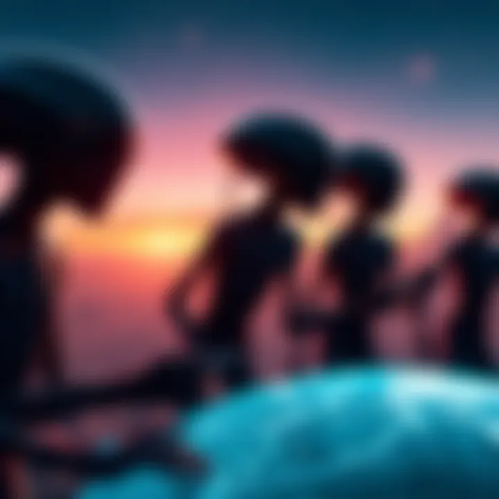 Extraterrestrial beings watching humans on Earth from a distance, showing our activities and technology.