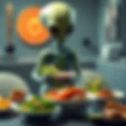 Aliens Promoting Veganism An alien figure holding a plant-based meal while standing beside a table with meat dishes, showcasing a contradiction in their message about veganism.