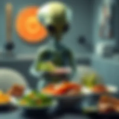Aliens Promoting Veganism An alien figure holding a plant-based meal while standing beside a table with meat dishes, showcasing a contradiction in their message about veganism.