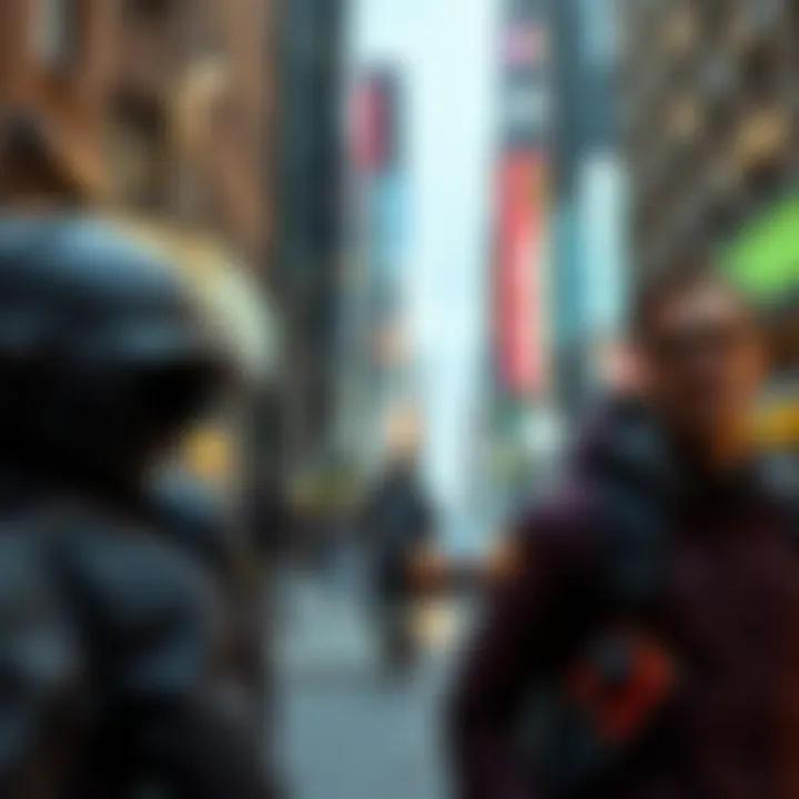 A scene showing ordinary people with subtle alien features blending into a busy city street, highlighting their advanced technology discreetly.