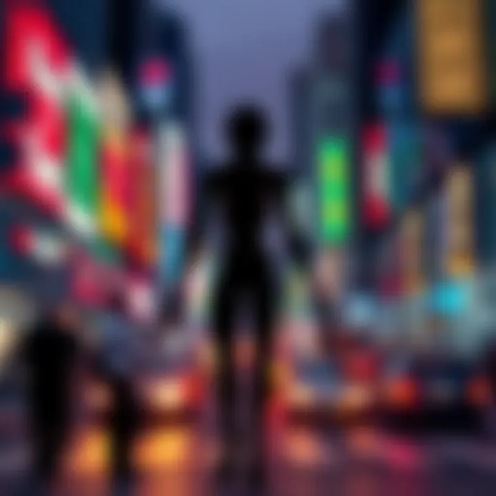 A silhouette of a humanoid figure blending into a busy city street, symbolizing the idea of aliens living secretly among us.