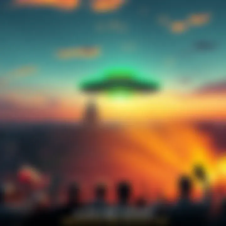 An illustration of a UFO hovering over a political rally, symbolizing the connection between alien discourse and political events.