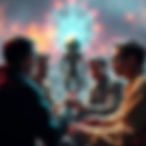 A group of people discussing the influence of aliens on religion, with a mysterious alien figure in the background.