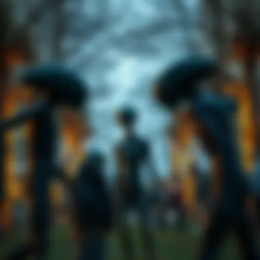 Aliens Blending with Humans A group of aliens and humans interacting in a city park, showcasing a peaceful exchange.