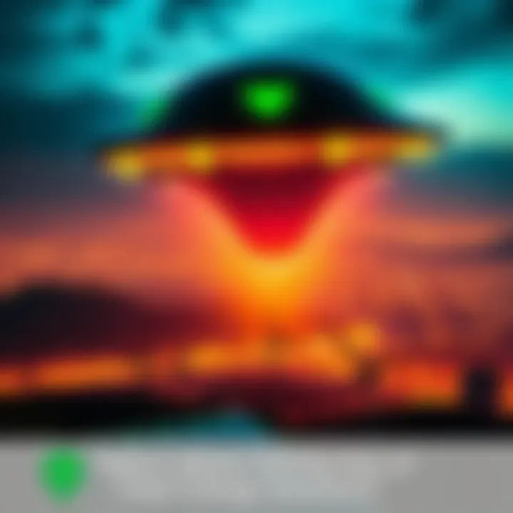 A futuristic scene showing a glowing alien spacecraft over a city, with green energy symbols like wind turbines and solar panels below.