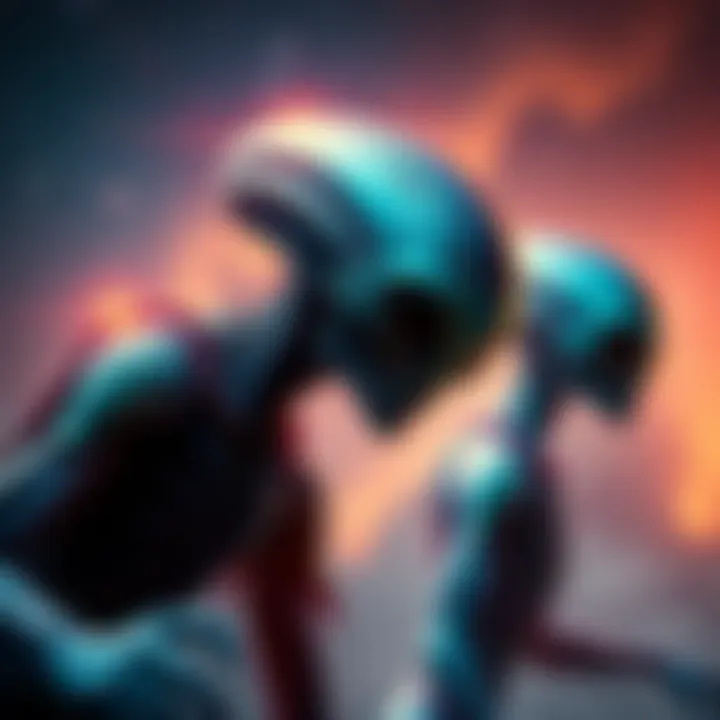 A depiction of benevolent and malevolent aliens in a starry sky, representing good and bad forces