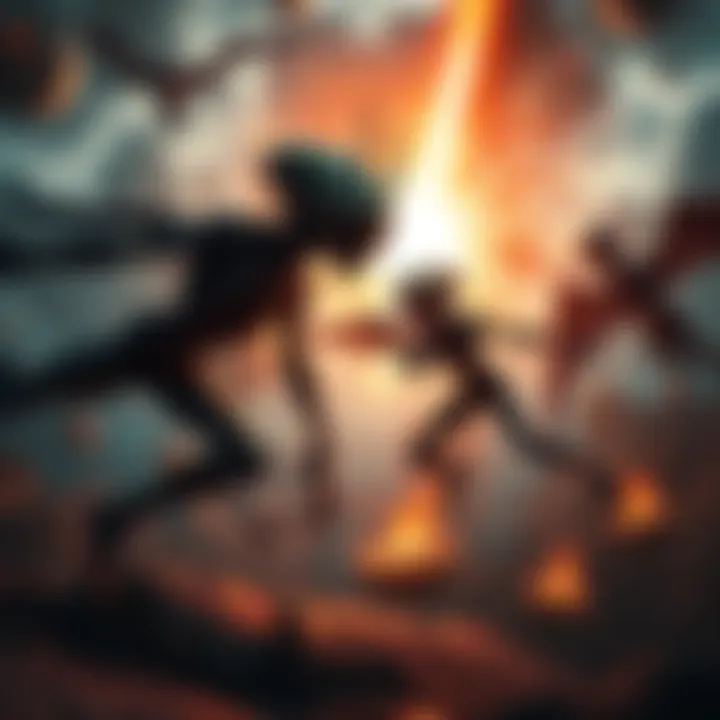 A dramatic scene of alien beings clashing in the sky over Nurembega, showcasing a battle between good and evil forces, with bright lights and intense action.