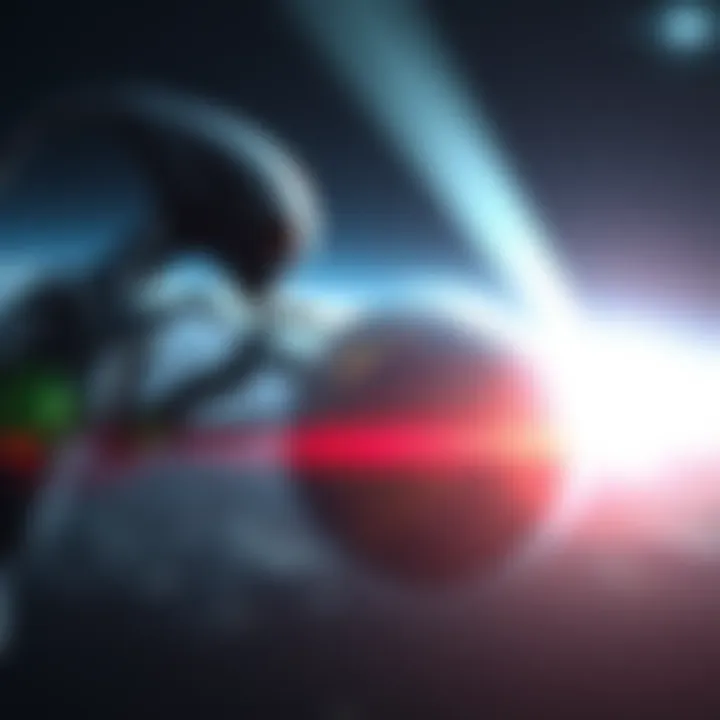An artistic representation of advanced alien technology scanning the Earth from space, with a bright beam of light aimed at the planet.