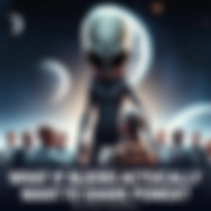 Aliens and Human Leaders An alien figure stands beside a diverse group of human leaders discussing equality, with a cosmic background symbolizing extraterrestrial influence.
