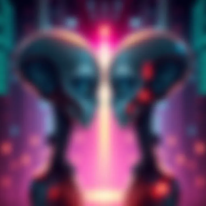 An illustration showing a human and an alien side by side, with technology symbols around them to represent intelligence debate.