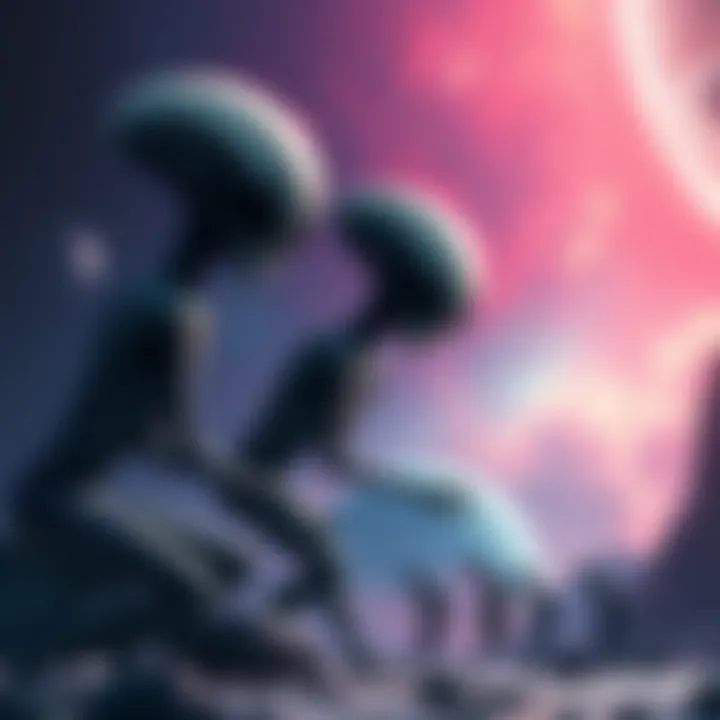 An illustration showing extraterrestrial beings interacting with early humans in a cosmic setting.