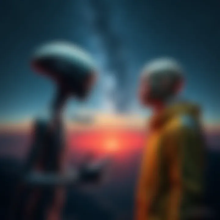 Aliens and Humans Meeting An alien and a human discussing genetic blending under a starry sky with a spaceship in the background.