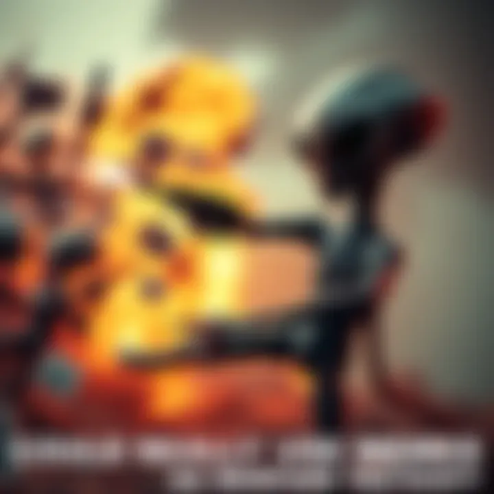 An alien figure humorously launching meme images as weapons in a conflict scene