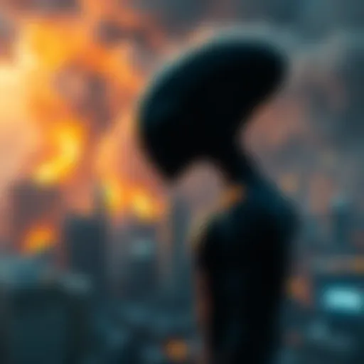 An alien figure watches over a city filled with chaos, depicting the hope for extraterrestrial intervention in human crises.