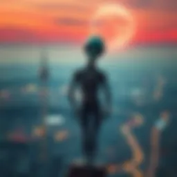 A depiction of an alien figure watching over a city, symbolizing the idea of extraterrestrial observation.