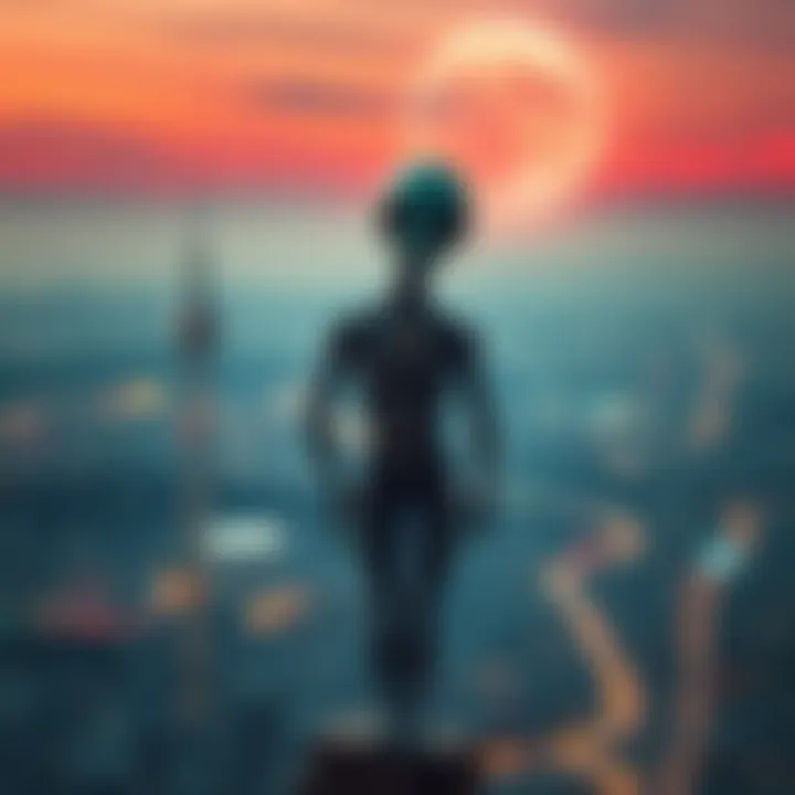 A depiction of an alien figure watching over a city, symbolizing the idea of extraterrestrial observation.