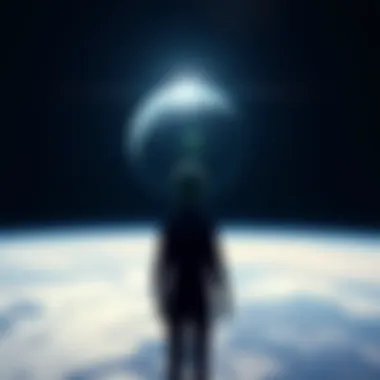 Aliens Observing Earth A distant view of Earth with a shadowy figure of an alien looking down, symbolizing indifference and observation