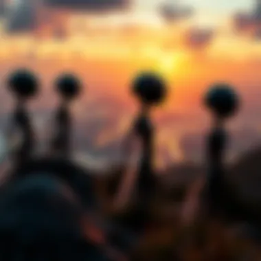 Aliens Observing Earth Life A group of aliens looking at a bustling city from a hilltop, intrigued by human activities and nature.
