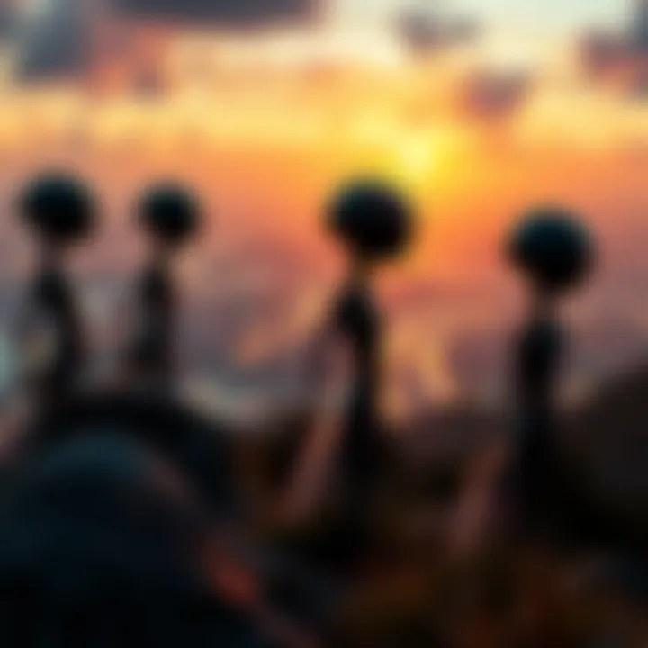 Aliens Observing Earth Life A group of aliens looking at a bustling city from a hilltop, intrigued by human activities and nature.