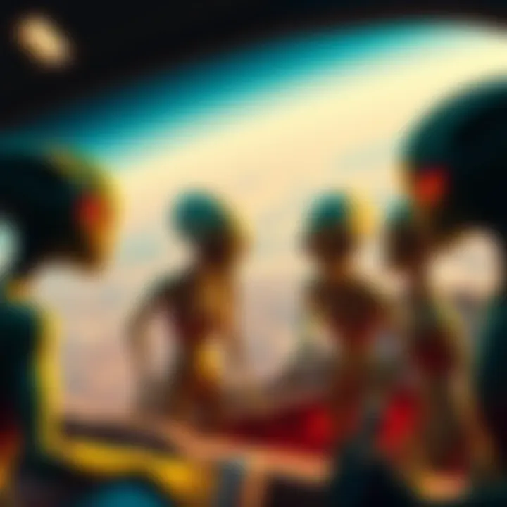 Aliens Observing Humans A group of aliens looking down at Earth from a spaceship, showing curiosity and concern about human actions.