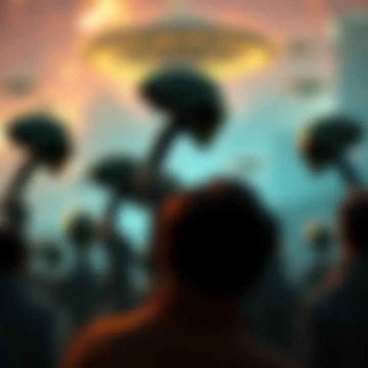 Aliens observing humans An artistic representation of aliens observing a group of humans, highlighting a cosmic connection, with UAPs in the background