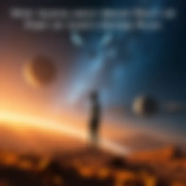 An alien figure stands on a distant planet, gazing at a starry sky with cosmic elements in the background, symbolizing the connection between spirituality and the universe.