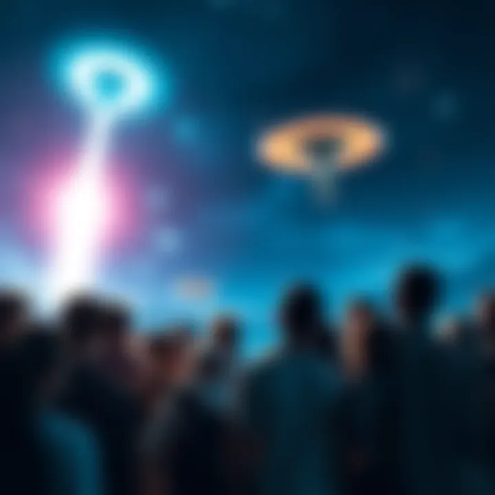 A diverse group of people looking up at a bright light in the sky, indicating a possible alien arrival.