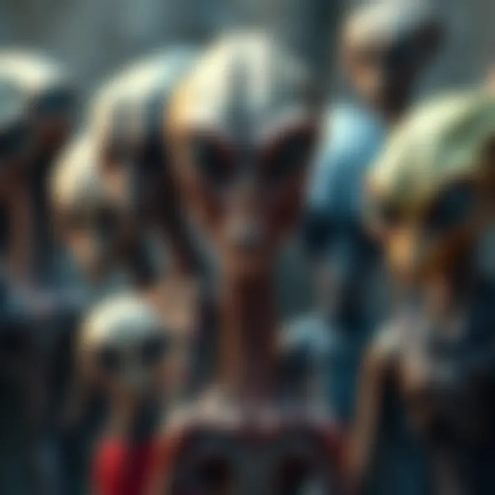 Various aliens as imagined in different cultures, showcasing different features and styles, including large eyes and unique shapes.