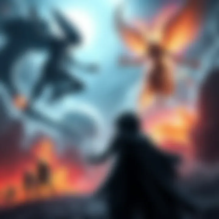 A dramatic scene depicting an intense battle between alien figures and heavenly beings in a cosmic setting, illustrating the conflict that shaped humanity's spiritual journey.