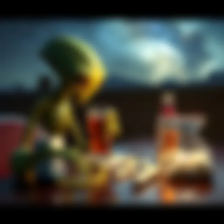 An alien figure curiously looking at a beer bottle and a bag of drugs on a table, surrounded by stars and a night sky.