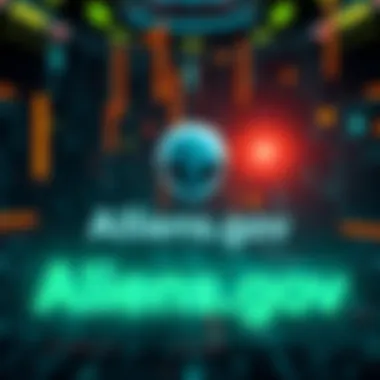 A creative representation of the Aliens.gov logo, featuring a playful alien figure and futuristic text on a digital background.
