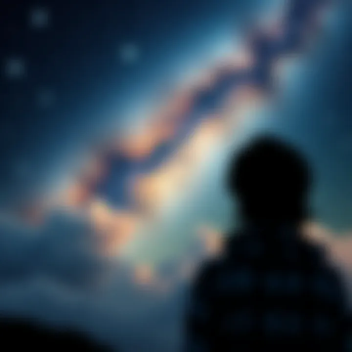 A person reflecting on a cosmic scene with stars and connections between dreams and reality.