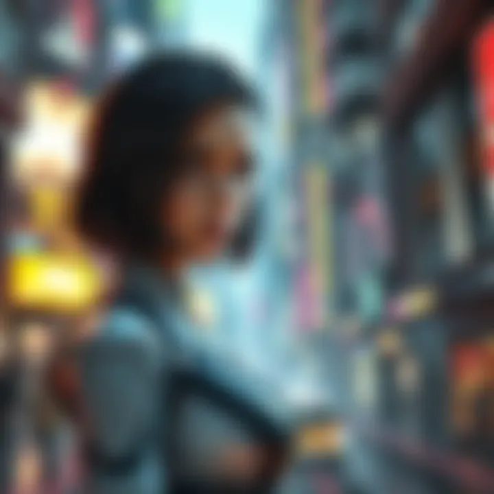 A scene depicting a futuristic city with a young woman resembling Alita looking confused, with memories flashing around her