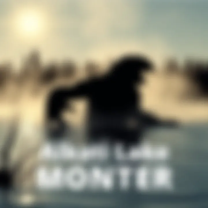 A dark silhouette of a large creature partially submerged in water at Alkali Lake, with mist rising around it and trees in the background.