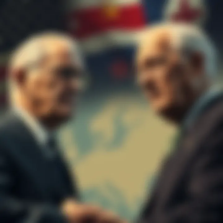A portrait of Allen Dulles and John Foster Dulles discussing post-WWII geopolitics, with a map of Europe and symbols of the CIA in the background.