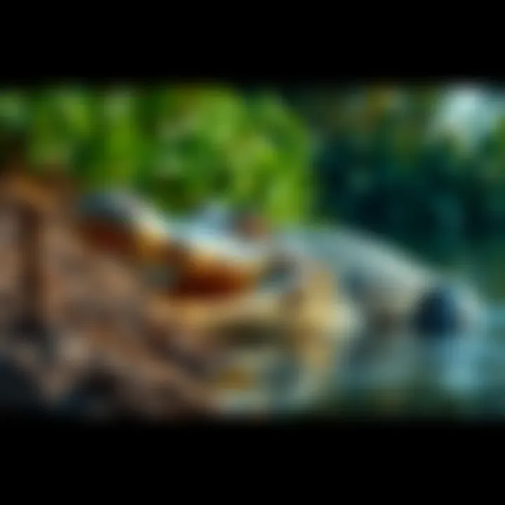 A close-up view of Alligator Alcatraz with an alligator basking near the shore and dense vegetation in the background.