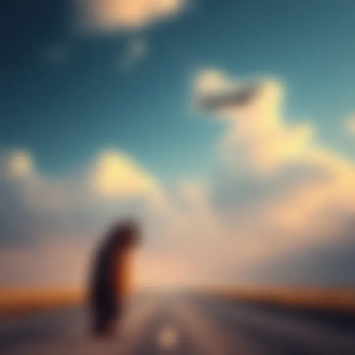 A lone almasty, a mythical creature resembling a large ape, howls in isolation as an airplane flies above it in the sky.