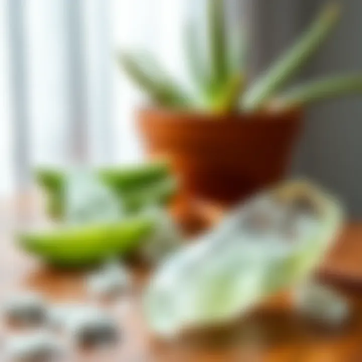 Freshly harvested aloe vera crystals placed on a wooden table with a plant in the background