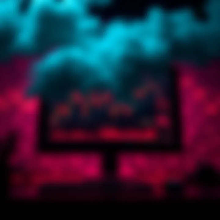 A computer screen displaying fluctuating graphs and digital content with shadows looming over it, symbolizing shadow banning in alt media.