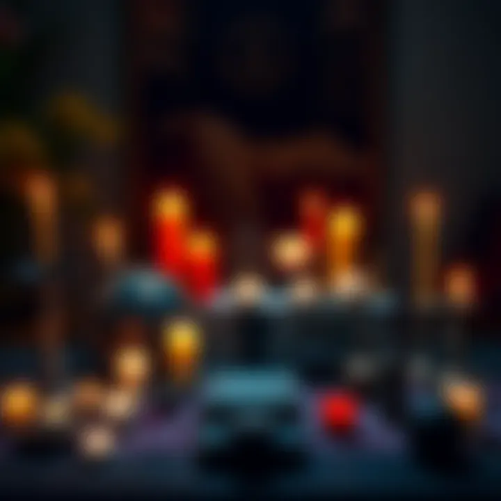 A well-arranged altar featuring various spiritual symbols and candles for multiple spirits