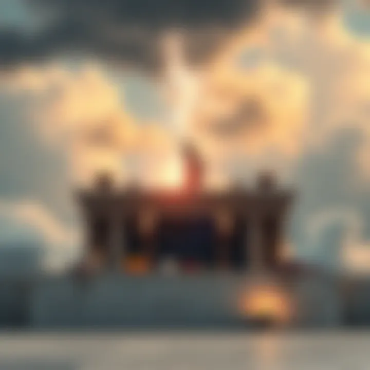 An altar dedicated to Zeus, featuring offerings like fruits and candles, set against a cloudy sky with a thunderbolt symbolizing his power.