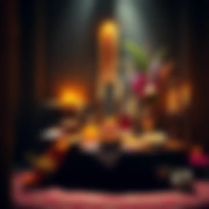 A serene altar decorated with colorful offerings, including flowers and food items, with a gentle light illuminating the scene, symbolizing respect and spirituality.