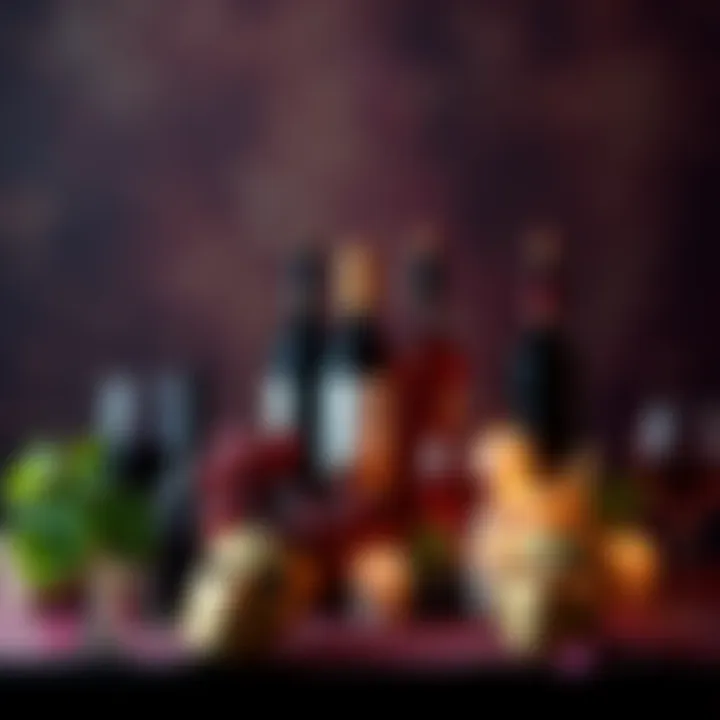 A creative altar base featuring wine bottles, grapes, and theatrical masks, inspired by the themes of Dionysus.