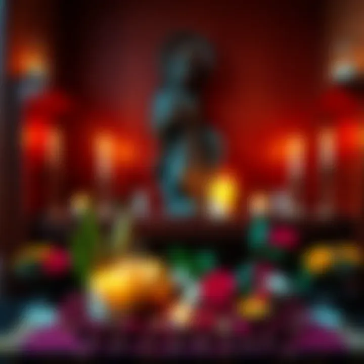 Altar for Ala Goddess Worship A serene altar setup featuring candles, flowers, and a statue representing the Igbo goddess Ala, surrounded by natural elements.